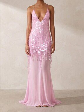 Pink Preppy Women's V Neck Spaghetti Strap Sequin Fringe Maxi Dress